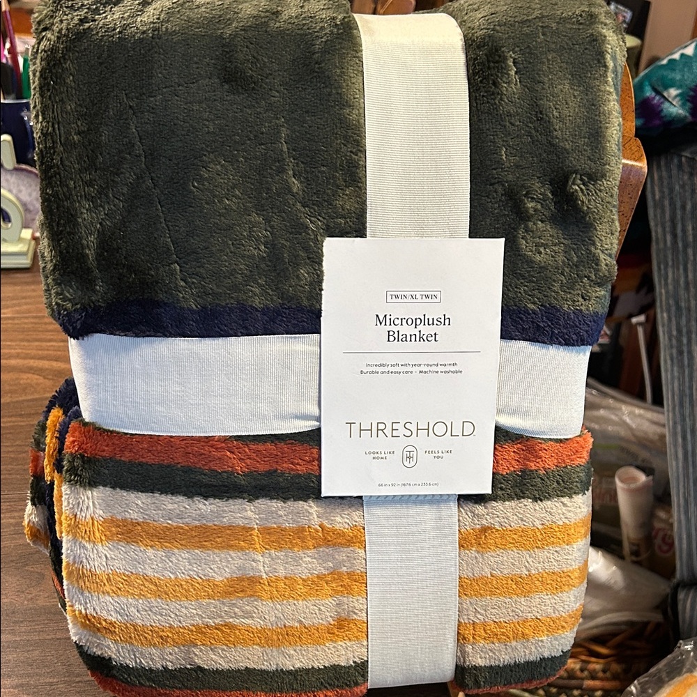 Threshold Microplush Blanket - Olive Green, Navy & Multi-Striped
